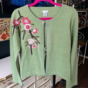 Green Lambswool Floral Embroidered Cardigan Medium